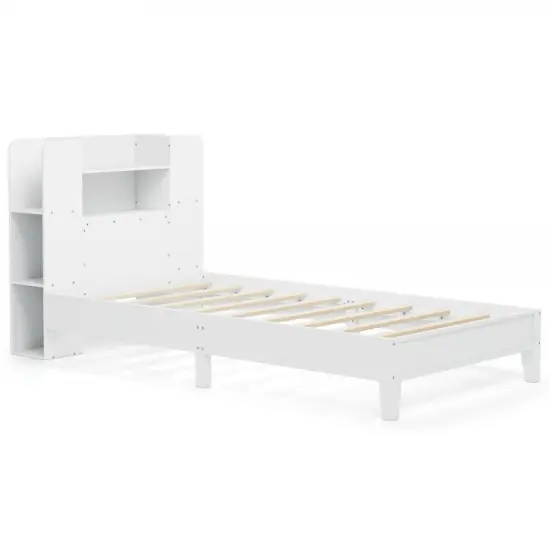 Wooden Twin Bed Frame with Bookcase Headboard Storage Shelves and Under-bed Space White {1}