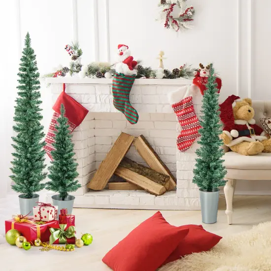 3-Pack Slim Pencil Artificial Christmas Trees with Lifelike Green PVC and Rustic Metal Buckets {5}