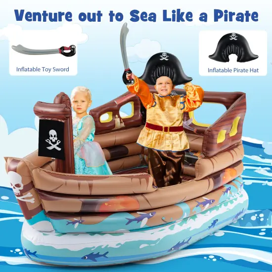 Inflatable Pirate Ship Playhouse with Built-in Motor and Inflatable Toy Sword-Brown {5}
