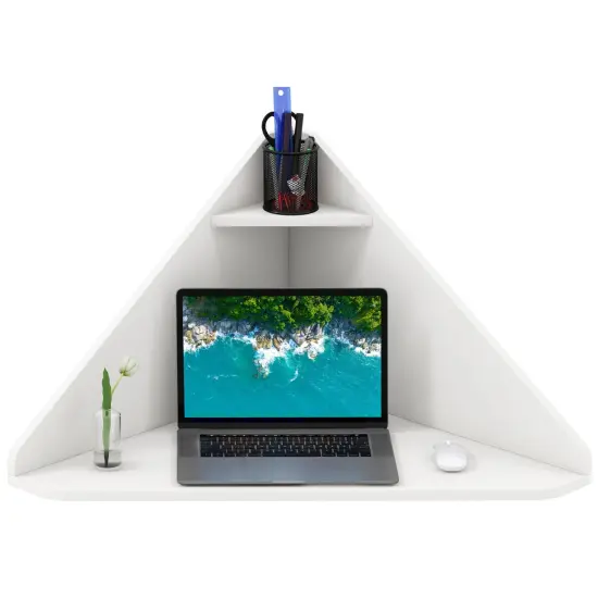 Floating Triangular Corner Computer Desk with Storage Shelf White {1}