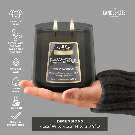 Candle-Lite Vibes Woody Patchouli Scented Candles, Perfect Relaxation Valentines Day Gifts for Her, Aromatherapy Mood-Enhancing, 15 oz 2-Wick Jar, 86 Hours Burn Time {3}