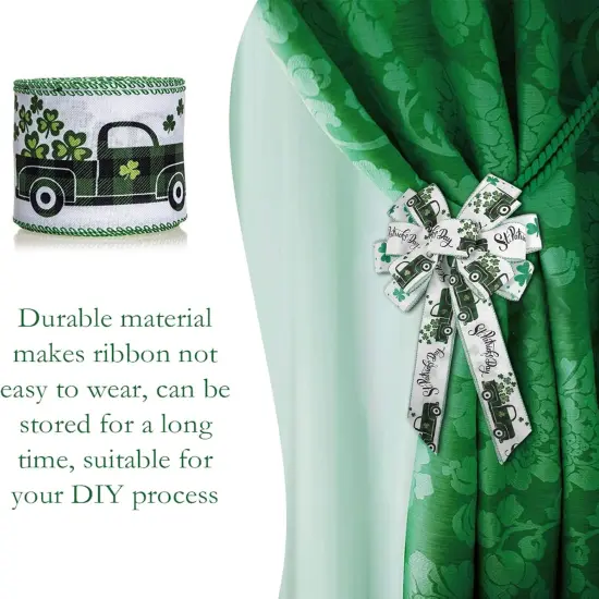 St. Patricks Day Ribbon Wired, Glitter Shamrock Green Truck Fabric Ribbons Gift Wrapping DIY Craft Wreath {4}