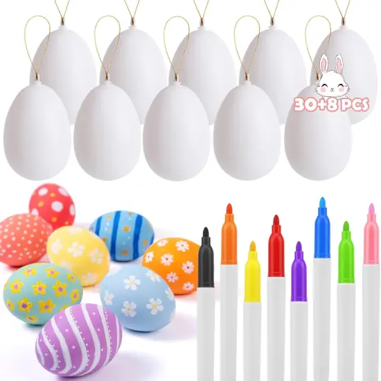 30 Pcs Easter Decorations Eggs with 8 Pens, White Plastic Eggs with Rope, Artificial DIY Creative Decoration Eggs for Party Favors, Easter Crafts, Easter Basket Stuffers, Easter Tree Ornaments {1}