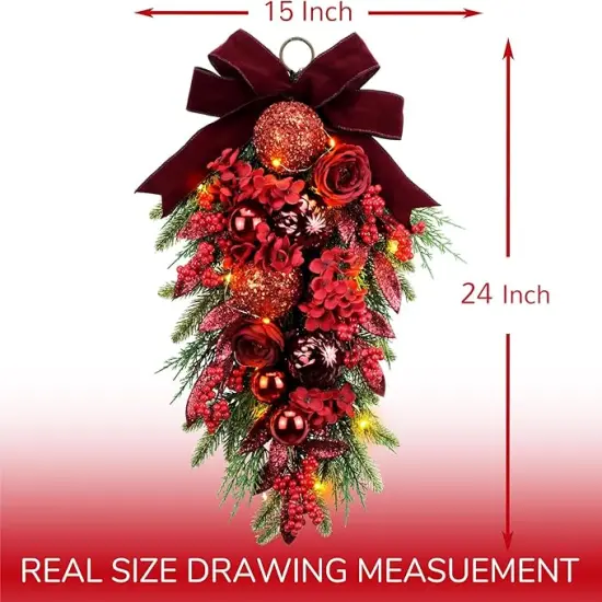 24" Decorative Teardrop Swag, Artificial Christmas Swag with Red Hydrangea & Baubles, Purple Bowknot, Red Berries, Sparkling Leaves, Pine Needles (Red Hydrangea) {3}