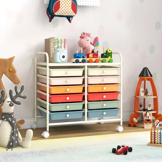 12 Removable Drawers Rolling Storage Cart with 4 Universal Wheels and Metal Frame Macaron {1}