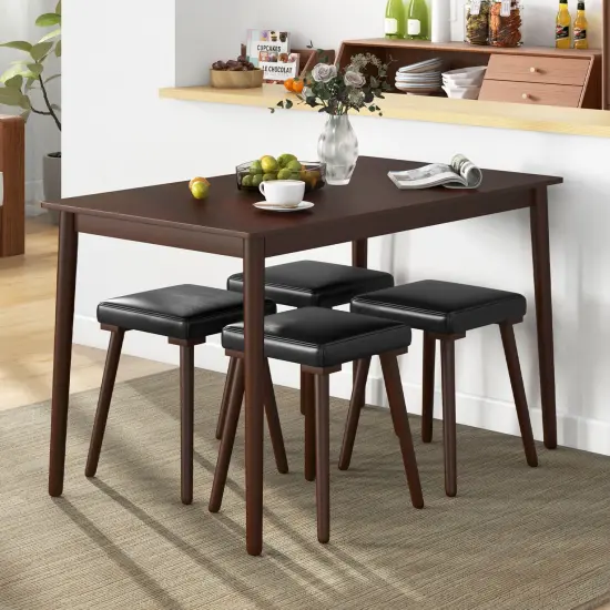 5 Piece Dining Table Set for 4 with 4 Upholstered Stools and Rubber Wood Legs-Brown {2}