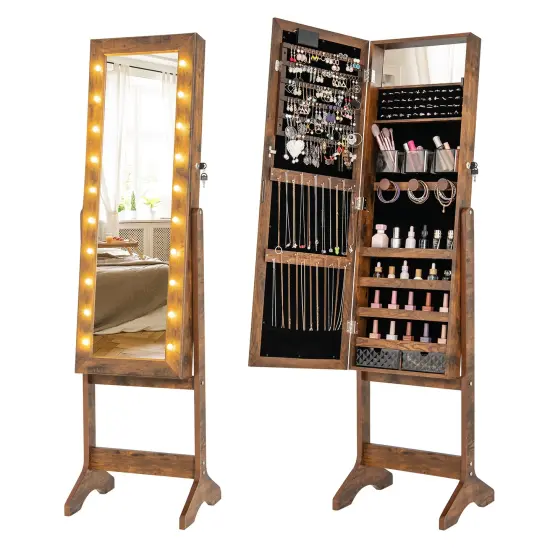 Full Length Mirror Jewelry Cabinet with 20 Warm Lights and 4 Tilt Angles Rustic Brown {3}