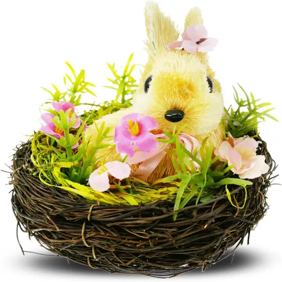 Adorable Handcrafted Easter Straw Bunny in Nest with Floral Grass, Exquisite Easter Handicrafts for Home Decor,Office Decor, Garden Decor {3}