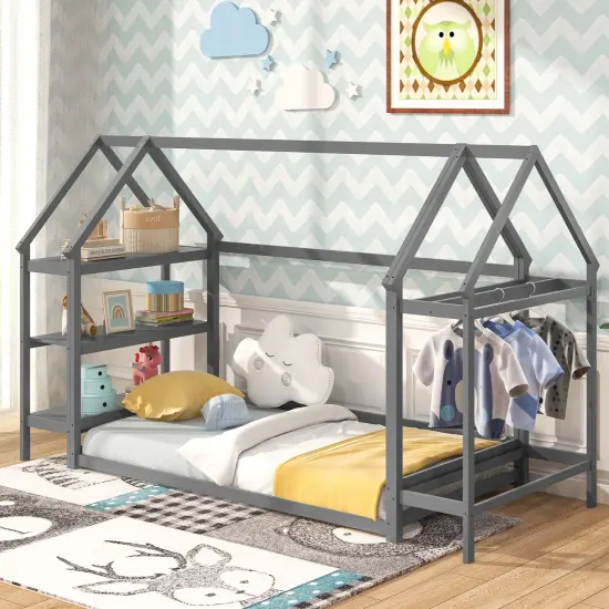 Twin Size Montessori Floor House Bed with Detachable Storage Shelves Grey {2}