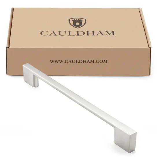 Cauldham Solid Kitchen Cabinet Pulls Handles (6-5/16" Hole Centers) - Modern Thin Profile Drawer/Door Hardware - Style M255 - Satin Nickel {4}