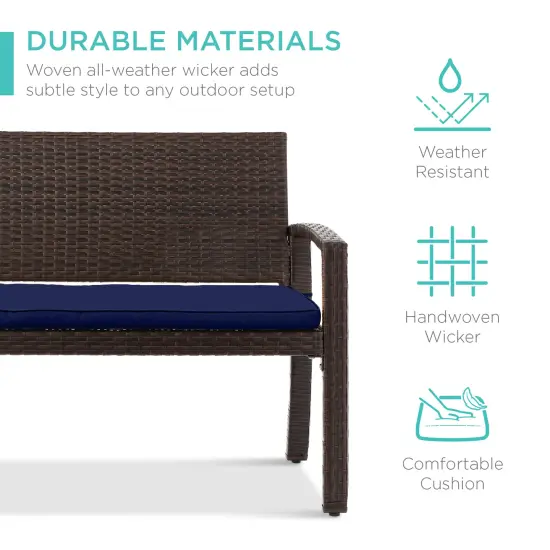 Best Choice Products 2-Person Outdoor Wicker Bench Garden Patio Porch Furniture w/ 700lb Capacity, Cushion Navy/Brown {5}