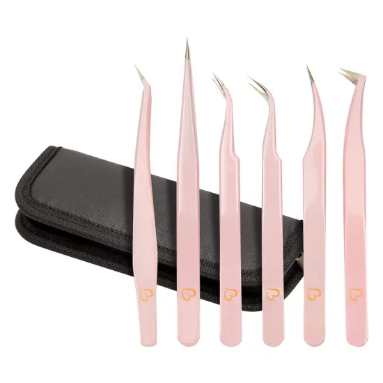 6-PiecePrecision Tweezer Set for Eyelash Extensions with Storage Case (Light Pink) {1}