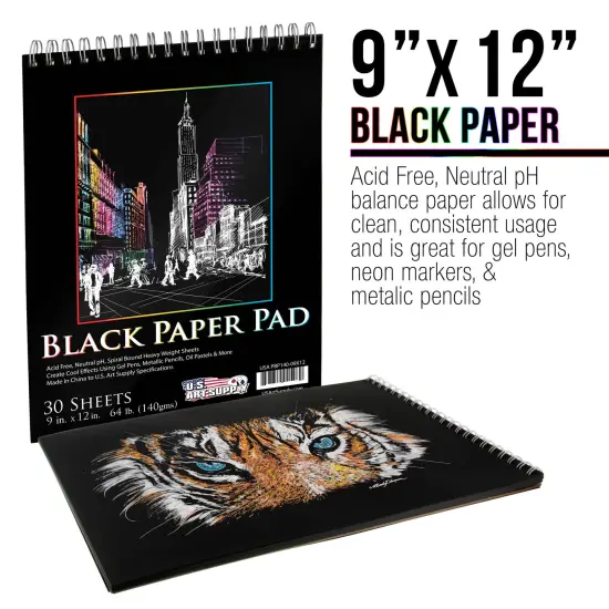 9x12" Premium Heavy-Weight Black Paper Sketchbook, 64lb (140gsm), 2 Pack, 30 Sheets, Spiral Bound, Black Paper Notebook for Colored Pencil, Markers, Oil Pastels, Chalk, Charcoal {2}