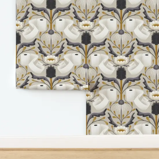 Pre-Pasted Wallpaper 2FT Wide Abstract Bathroom Toilet Paper Damask Novelty Washroom Funny Bath Brush Flowers Floral Dots Jokes Custom Pre-pasted Wallpaper by Spoonflower {2}