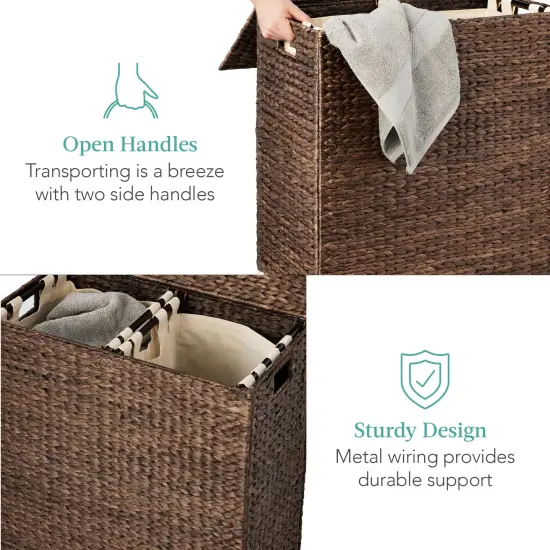 Best Choice Products Large Natural Water Hyacinth Double Laundry Hamper Basket w/ 2 Liner Bags, Handles Espresso {4}