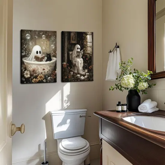 Set of 2 Halloween Ghost Bathroom Wall Art - 12x16 Inch (Framed) {4}