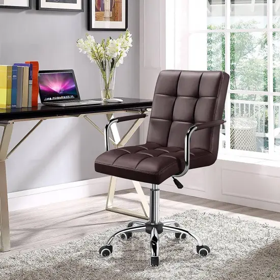 Faux Leather Adjustable Swivel Mid-Back Swivel Office Chair with Rolling Wheels Dark Brown {2}