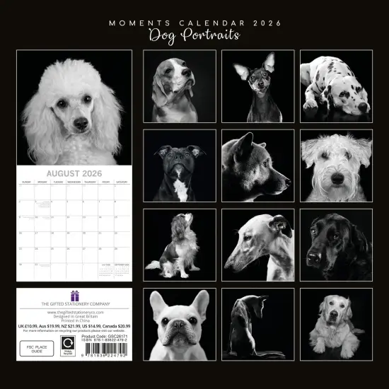 The Gifted Stationary 2026 Square Wall Calendar, Dog Portraits, 16-Month Black and White Photos with 180 Reminder Stickers (12 x 12 In) Multicolor {4}
