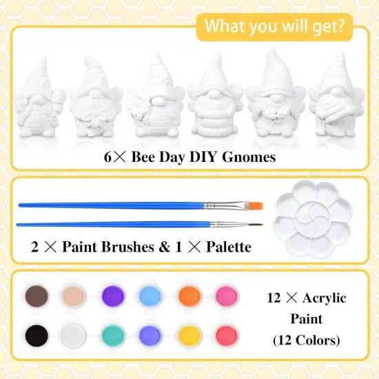 6 Sets Ready to Paint Your Own Bee Gnome Statues DIY Ceramics Bee Sunflower Garden Paintable Gnome {5}