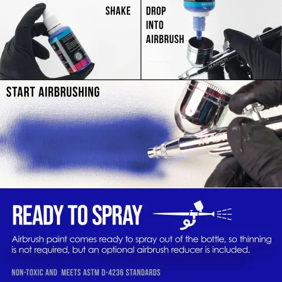 54 Color Acrylic Airbrush Paint Set; Opaque, Transparent, Pearl and Fluorescent Colors plus Reducer, Cleaner, Mixing Supplies & Color Mixing Wheel {4}