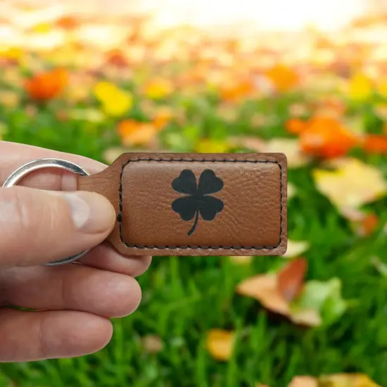 Keychain - Rectangle - 4 Leaf Clover - Leather - Irish Black/Silver {6}