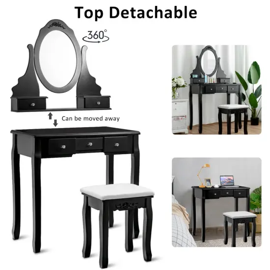 Costway Vanity Jewelry Wooden Makeup Dressing Table Set W/Stool Mirror & 5 Drawers Black {6}