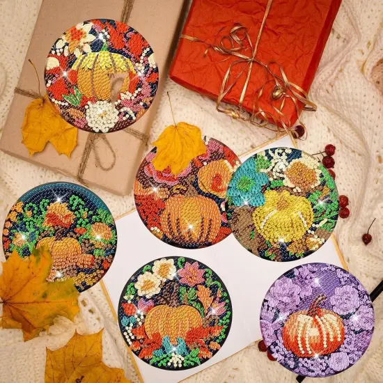 8 Pcs Fall Pumpkin Diamond Art Painting Coasters Kits {5}