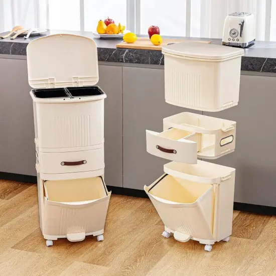 Cream Polypropylene Dual-Compartment Trash Can with Wheels, Foot Pedal and Pop-Up Lid {2}