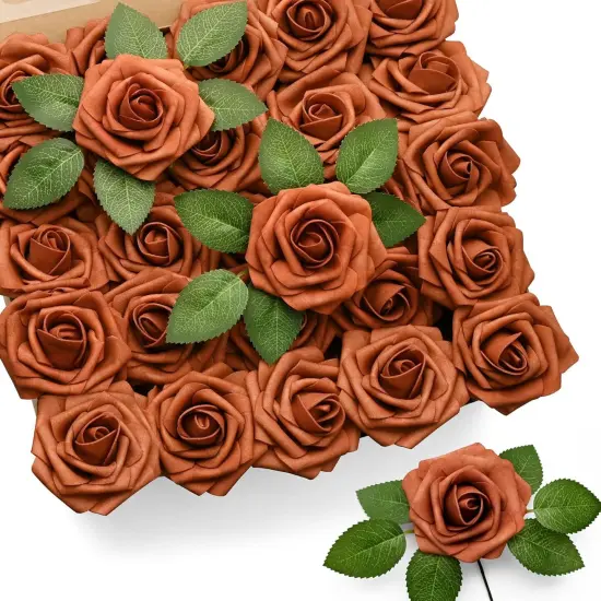 50Pcs Burnt Orange Artificial Rose Flowers {1}
