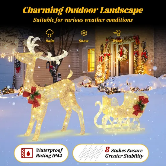 Costway Lighted Christmas Reindeer & Sleigh, Outdoor & Indoor Decoration W/ 100 Lights {5}