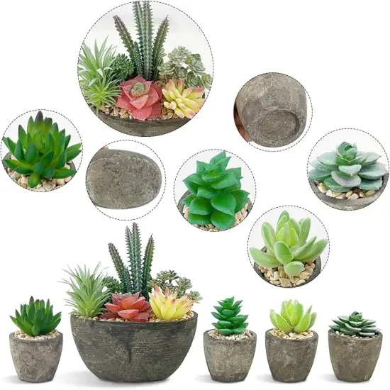 Succulents Plants Artificial Set of 5, Realistic Fake Succulents with Cement Like Pots for Home Office Decoration. {2}