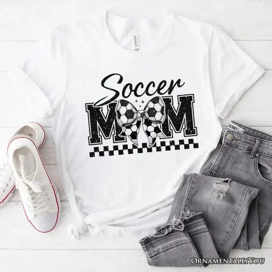 Soccer Mom Coquette Bow Retro T-Shirt, Stylish Game Day White Tee for Trendy and Proud Sports Mothers {1}