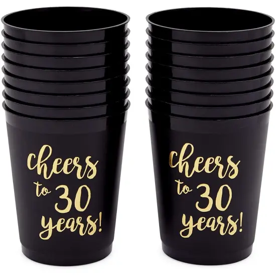 16 Pack Black 30th Birthday Plastic Tumbler Cups 16 oz for Anniversary Party Supplies, Cheers to 30 Years {6}