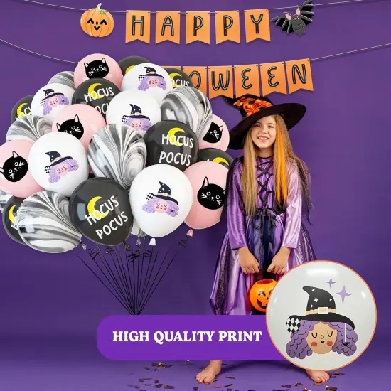 50Pcs Halloween Balloons Set - Pink Black Cute Witch Cat Hocus Pocus (Witch Cat Latex) {5}