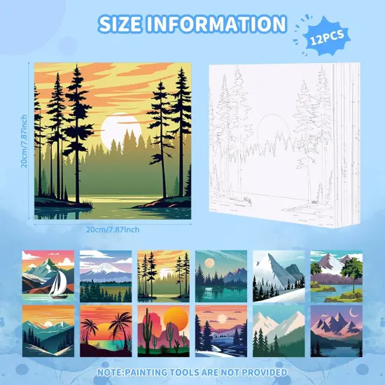 12 Pcs Pre Drawn Canvas to Paint - 7.9" X 7.9" (Landscapes) {3}