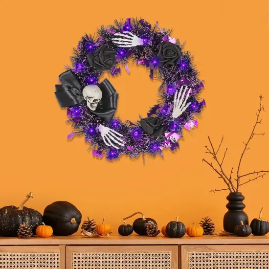 Halloween Black Rose Wreath with Lights - 13 Inch {3}