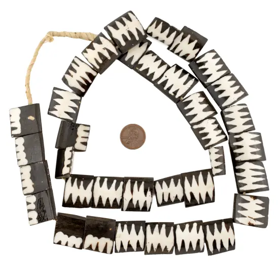 The Bead Chest Inverted Zebra Design Batik Bone Beads Flags 21mm Kenya African Black and White Flat Large Hole 28 Inch Strand Handmade {2}