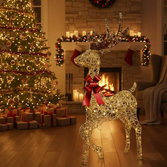 Lighted Christmas Reindeer Decor 48" Champagne Woven Standing Deer with Warm White LED Lights {3}