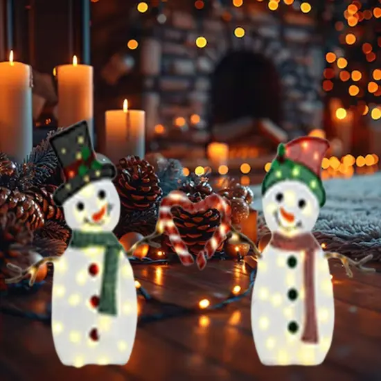 30" & 32"H Heart Snowmen Set Lighted Winter Yard & Home Decor {4}