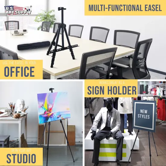 U.S. Art Supply 66" Black Metal Tripod Easel Display (10 Pack) - Adjustable 20"- 5.5', Holds 32" Canvas - Floor/Tabletop Easel Stand, For Sign Display, Painting, Poster Board, Canvas - Portable Bag {6}