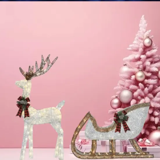 48" Lighted Silver Deer with 38" Sleigh Holiday Yard Decoration {3}