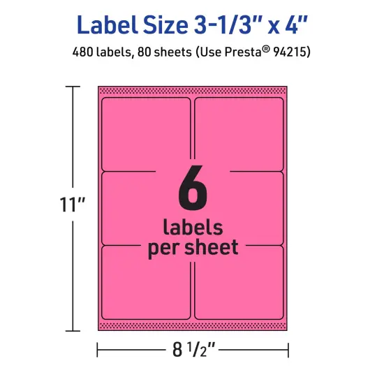 Avery Bright Pink Paper Labels, 3-1/3" x 4" Rectangle {5}