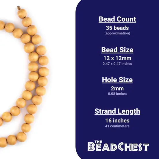 The Bead Chest Natural 12mm Wooden Beads in Yellow for Jewelry Making &ndash; Round Loose Wood Spacer Beads I Approximately 35 Beads {4}