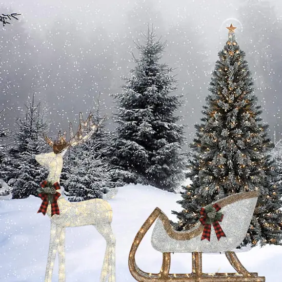 48" Silver Deer & 38" Sleigh Set Pre-Lit Holiday Yard Decoration {4}
