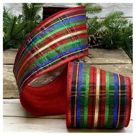 4" Dupion Traditional Plaid Glitter Ribbon: Red, Green & Blue (5 Yards) {1}