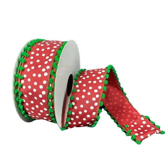 1.5" Linen Dots Pom Pom Ribbon: Red/Green (10 Yards) {1}