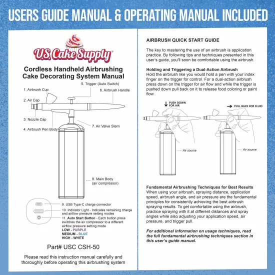 U.S. Cake Supply - Cordless Handheld Airbrushing System Kit - 15 to 30 PSI, Rechargeable Professional Airbrush Artist Set, How to Guide - Hobby, Craft {6}
