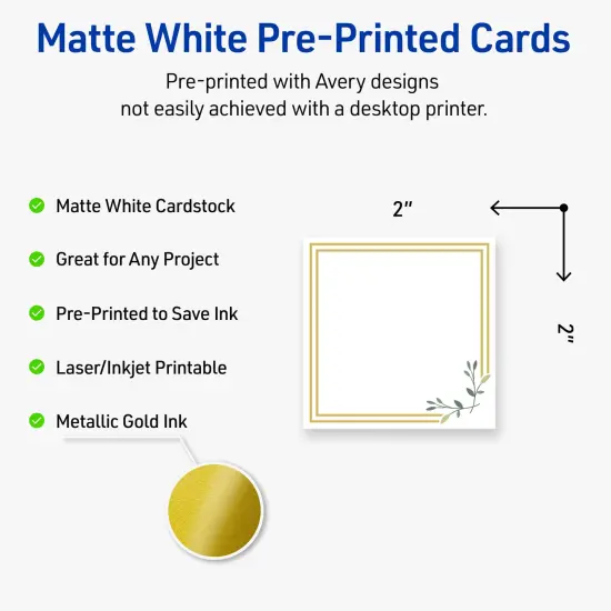 Avery Printable Square Cards, Gold Double Border with Florals, 2" x 2", Matte White Square Cards, Laser/Inkjet, 120ct, Great for Business Cards {2}