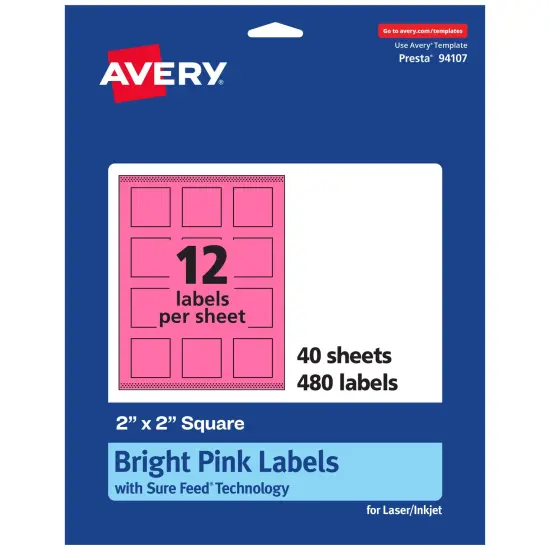 Avery Bright Pink Paper Labels, 2" x 2" Square {1}