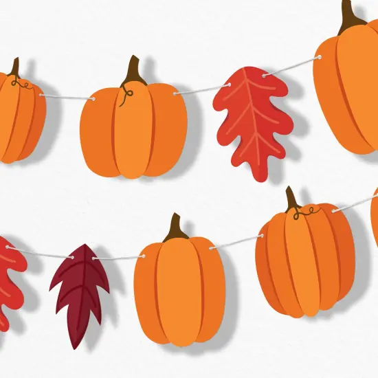 Big Dot of Happiness Fall Friends Thanksgiving Pumpkin Garland Banner, Decorations Backdrop, 30 Feet of Cord, 15 Paper Pumpkins and Autumn Leaf Shapes {1}
